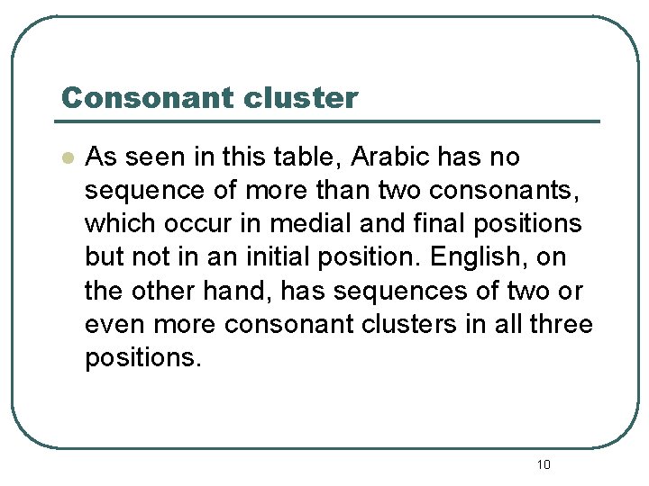 Consonant cluster l As seen in this table, Arabic has no sequence of more
