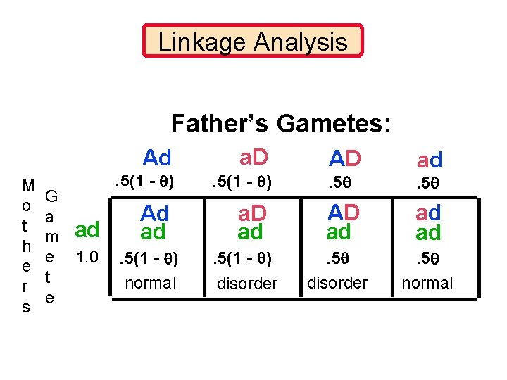 Linkage Analysis Father’s Gametes: Ad M o t h e r s G a