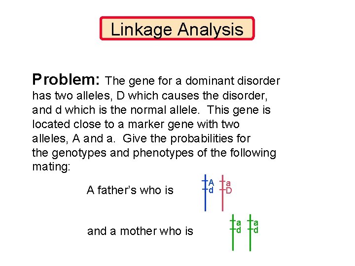 Linkage Analysis Problem: The gene for a dominant disorder has two alleles, D which