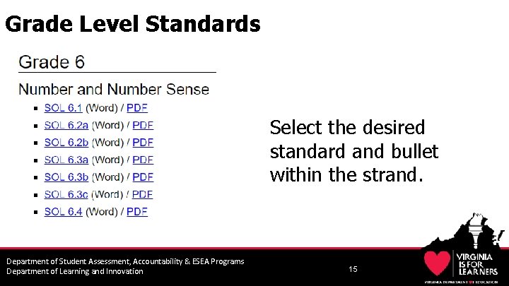 Grade Level Standards Select the desired standard and bullet within the strand. Department of