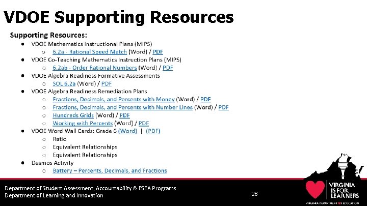 VDOE Supporting Resources Department of Student Assessment, Accountability & ESEA Programs Department of Learning