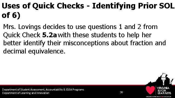 Uses of Quick Checks - Identifying Prior SOL of 6) Mrs. Lovings decides to