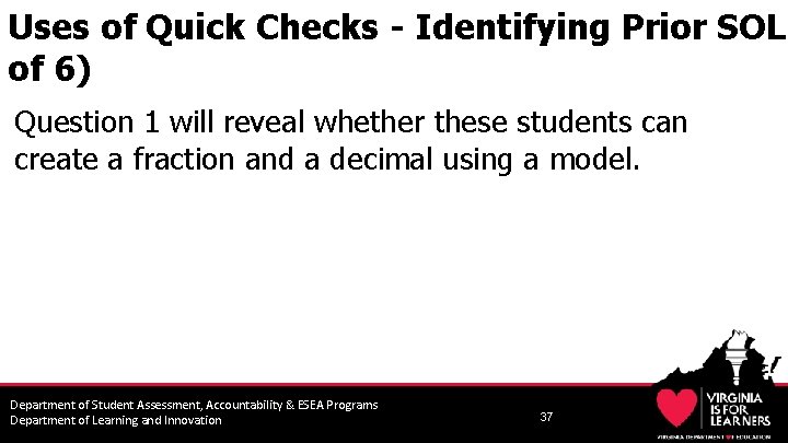 Uses of Quick Checks - Identifying Prior SOL of 6) Question 1 will reveal