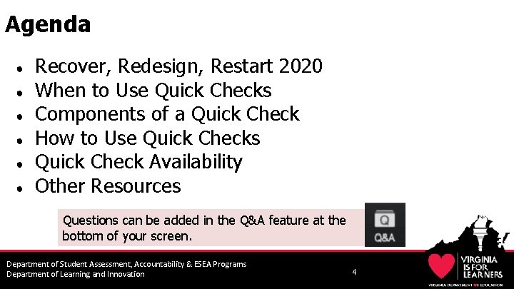 Agenda ● ● ● Recover, Redesign, Restart 2020 When to Use Quick Checks Components