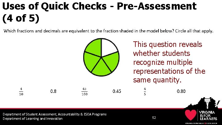 Uses of Quick Checks - Pre-Assessment (4 of 5) This question reveals whether students