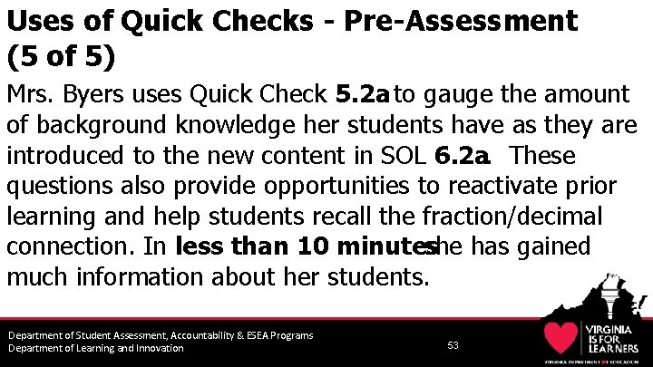 Uses of Quick Checks - Pre-Assessment (5 of 5) Mrs. Byers uses Quick Check