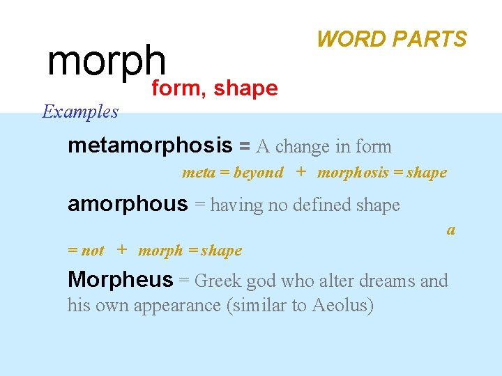 morphform, shape WORD PARTS Examples metamorphosis = A change in form meta = beyond