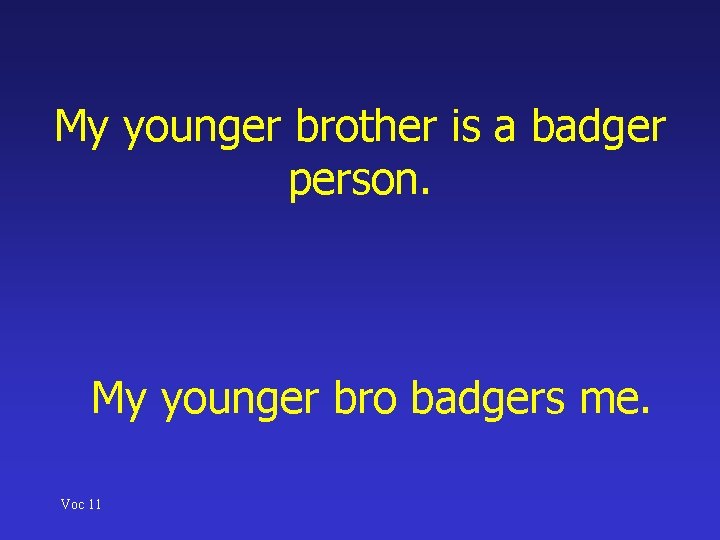 My younger brother is a badger person. My younger bro badgers me. Voc 11