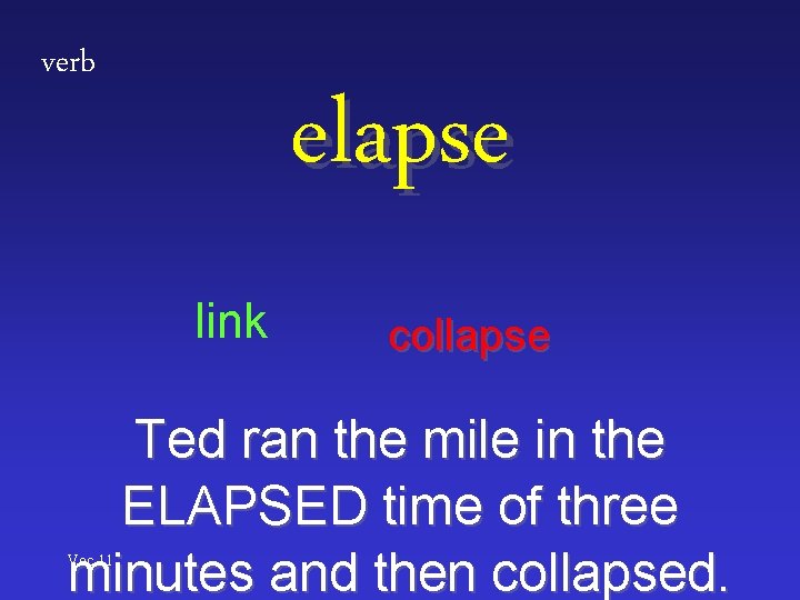 verb elapse link collapse Ted ran the mile in the ELAPSED time of three