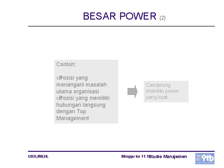 BESAR POWER (2) Contoh: Posisi yang menangani masalah utama organisasi Posisi yang memiliki hubungan