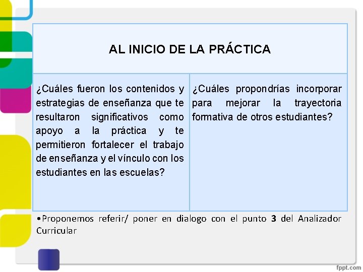 AL INICIO DE LA PRÁCTICA ¿Cuáles fueron los contenidos y ¿Cuáles propondrías incorporar estrategias