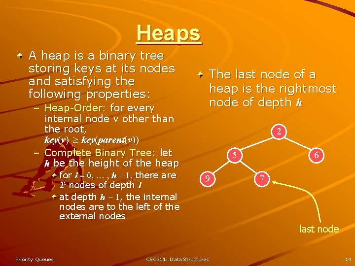 Heaps A heap is a binary tree storing keys at its nodes and satisfying