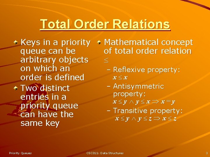 Total Order Relations Keys in a priority queue can be arbitrary objects on which