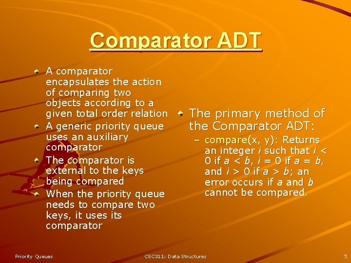 Comparator ADT A comparator encapsulates the action of comparing two objects according to a