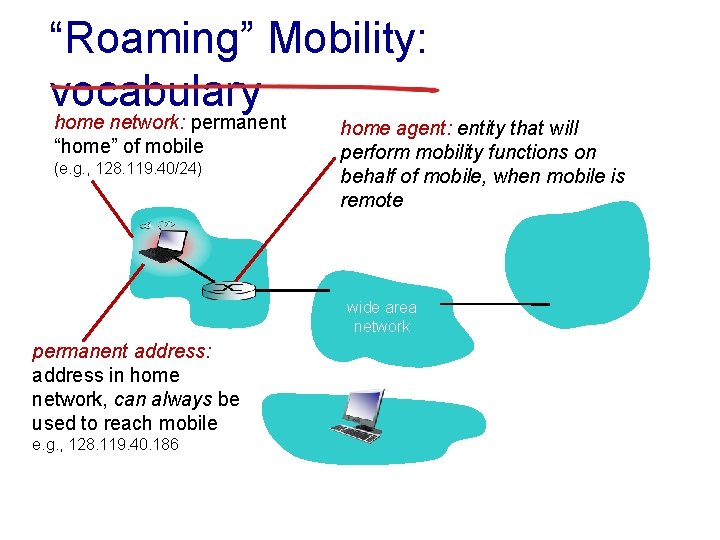 “Roaming” Mobility: vocabulary home network: permanent “home” of mobile (e. g. , 128. 119.