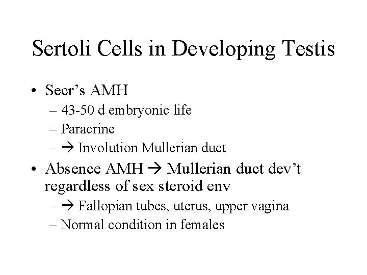 Sertoli Cells in Developing Testis • Secr’s AMH – 43 -50 d embryonic life
