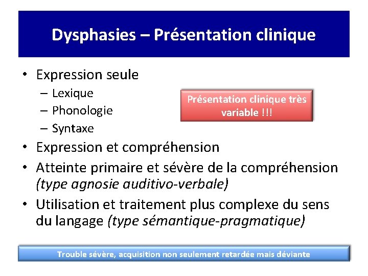 Dysphasies – Présentation clinique • Expression seule – Lexique – Phonologie – Syntaxe Présentation