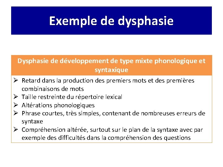 Exemple de dysphasie Dysphasie de développement de type mixte phonologique et syntaxique Ø Retard