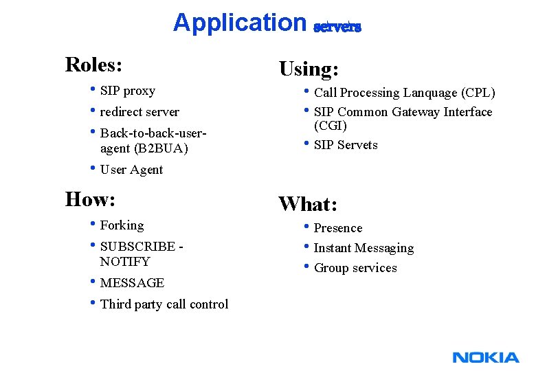 Application servers Roles: • SIP proxy • redirect server • Back-to-back-useragent (B 2 BUA) Application servers Roles: • SIP proxy • redirect server • Back-to-back-useragent (B 2 BUA)