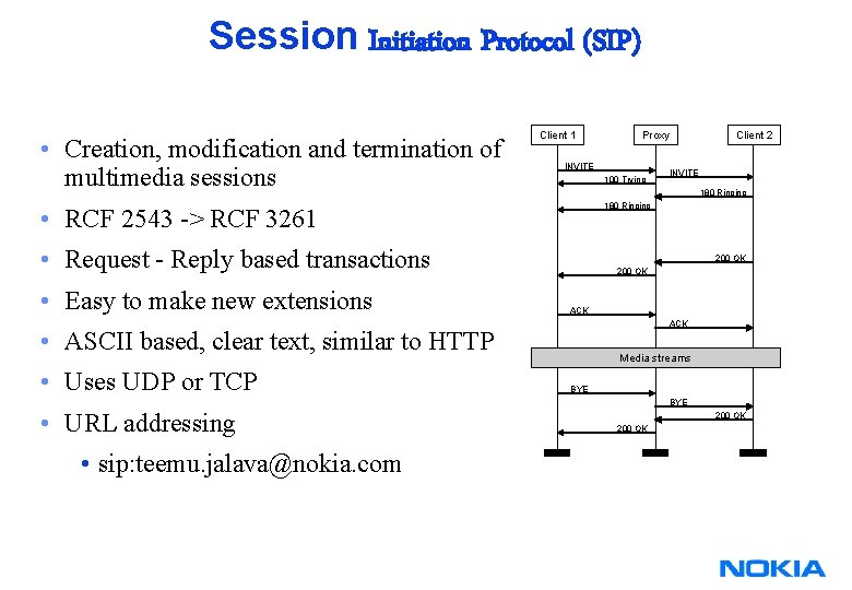 Session Initiation Protocol (SIP) • Creation, modification and termination of multimedia sessions Client 1 Session Initiation Protocol (SIP) • Creation, modification and termination of multimedia sessions Client 1