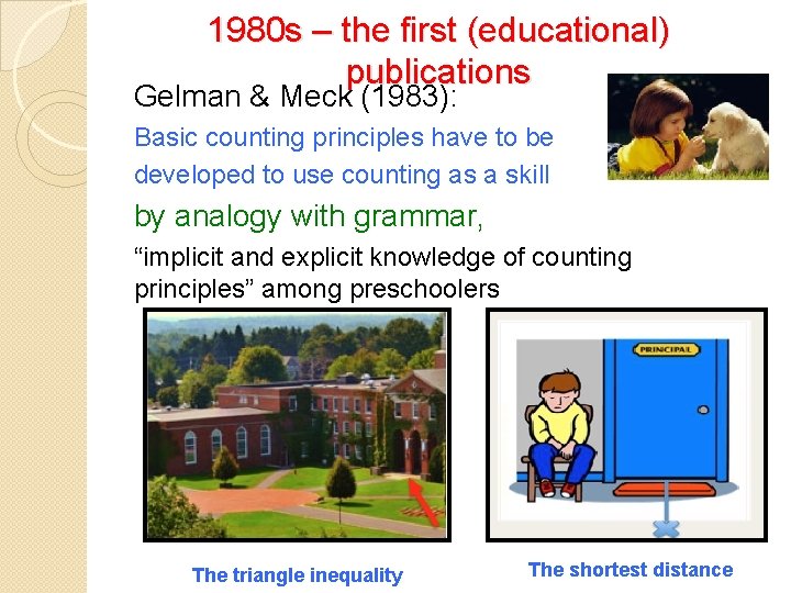 1980 s – the first (educational) publications Gelman & Meck (1983): Basic counting principles