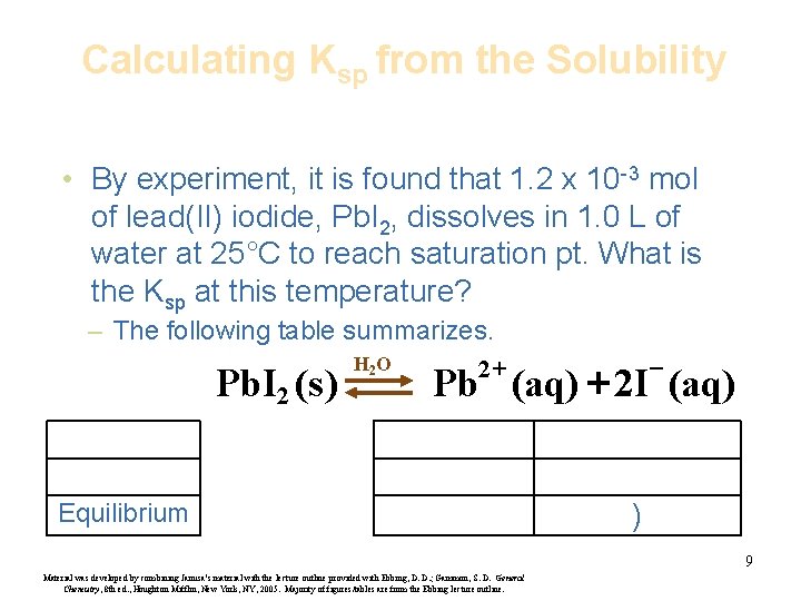 Calculating Ksp from the Solubility • By experiment, it is found that 1. 2