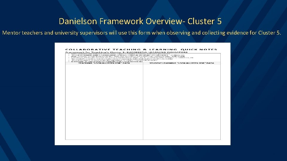 Danielson Framework Overview- Cluster 5 Mentor teachers and university supervisors will use this form