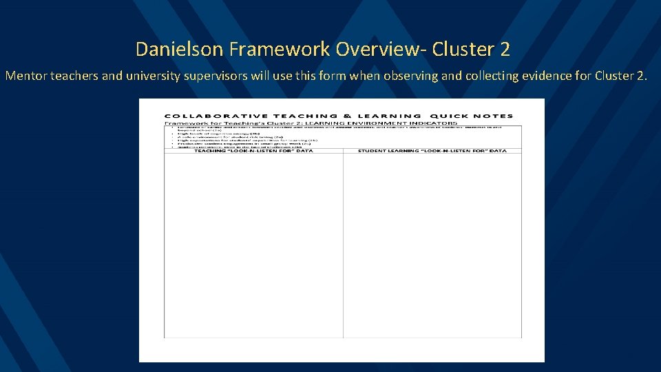 Danielson Framework Overview- Cluster 2 Mentor teachers and university supervisors will use this form