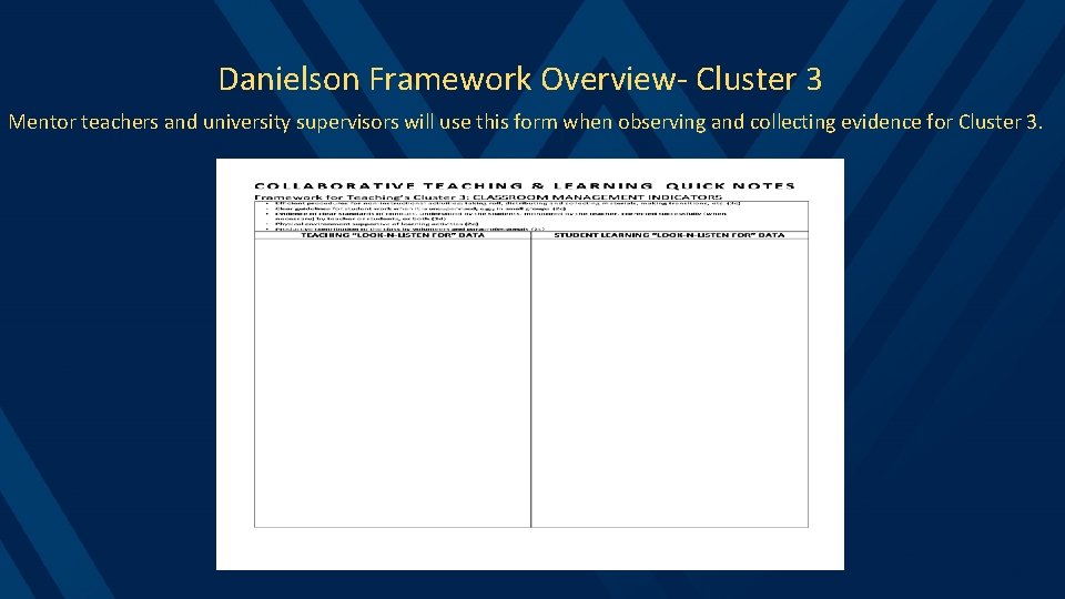 Danielson Framework Overview- Cluster 3 Mentor teachers and university supervisors will use this form