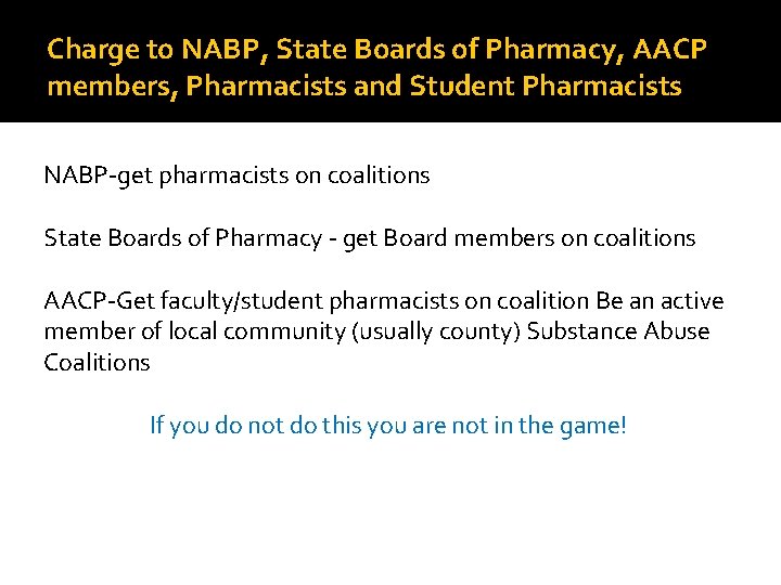 Charge to NABP, State Boards of Pharmacy, AACP members, Pharmacists and Student Pharmacists NABP-get