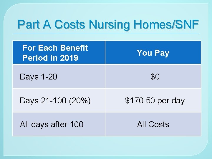 Part A Costs Nursing Homes/SNF For Each Benefit Period in 2019 Days 1 -20