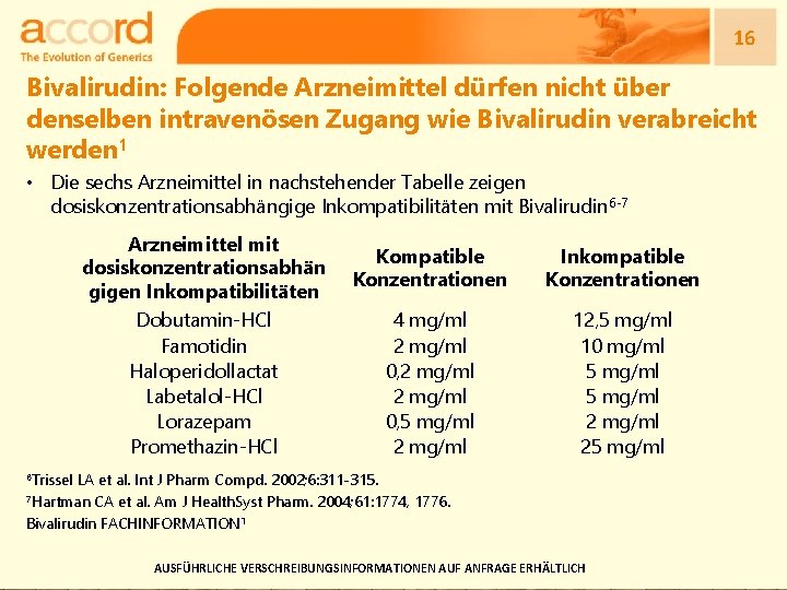 16 Bivalirudin: Folgende Arzneimittel dürfen nicht über denselben intravenösen Zugang wie Bivalirudin verabreicht werden