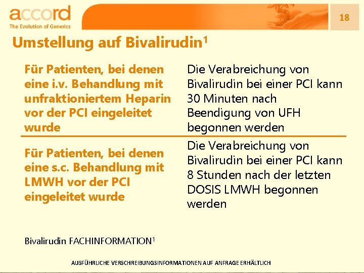 18 Umstellung auf Bivalirudin 1 Für Patienten, bei denen eine i. v. Behandlung mit