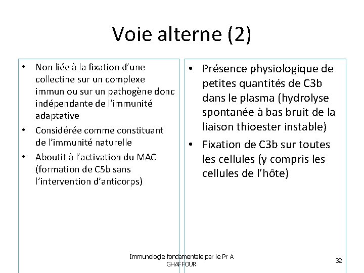 Voie alterne (2) • Non liée à la fixation d’une collectine sur un complexe
