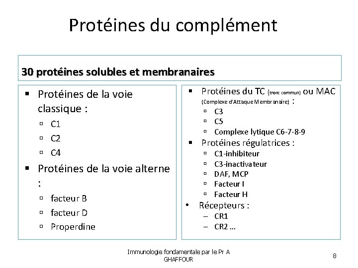 Protéines du complément 30 protéines solubles et membranaires Protéines de la voie classique :