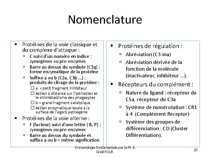 Nomenclature Protéines de la voie classique et du complexe d’attaque : C suivi d’un