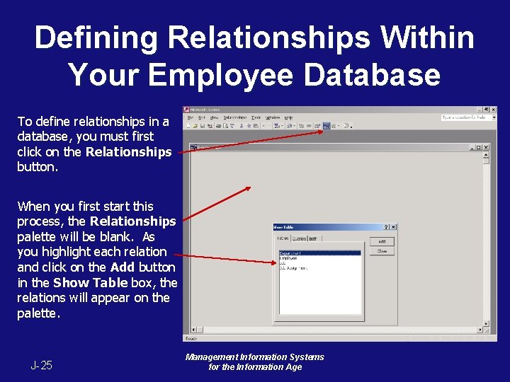 Defining Relationships Within Your Employee Database To define relationships in a database, you must Defining Relationships Within Your Employee Database To define relationships in a database, you must