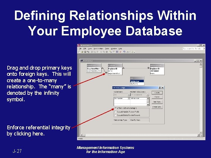 Defining Relationships Within Your Employee Database Drag and drop primary keys onto foreign keys. Defining Relationships Within Your Employee Database Drag and drop primary keys onto foreign keys.