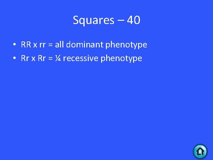Squares – 40 • RR x rr = all dominant phenotype • Rr x Squares – 40 • RR x rr = all dominant phenotype • Rr x