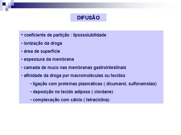 DIFUSÃO • coeficiente de partição : lipossolubilidade • ionização da droga • área de