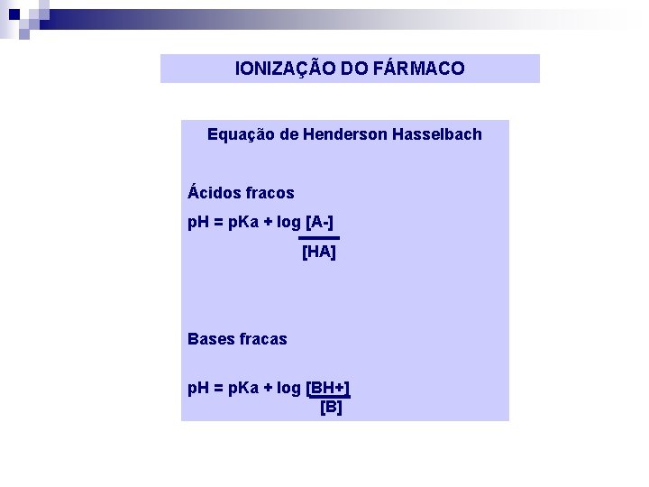IONIZAÇÃO DO FÁRMACO Equação de Henderson Hasselbach Ácidos fracos p. H = p. Ka