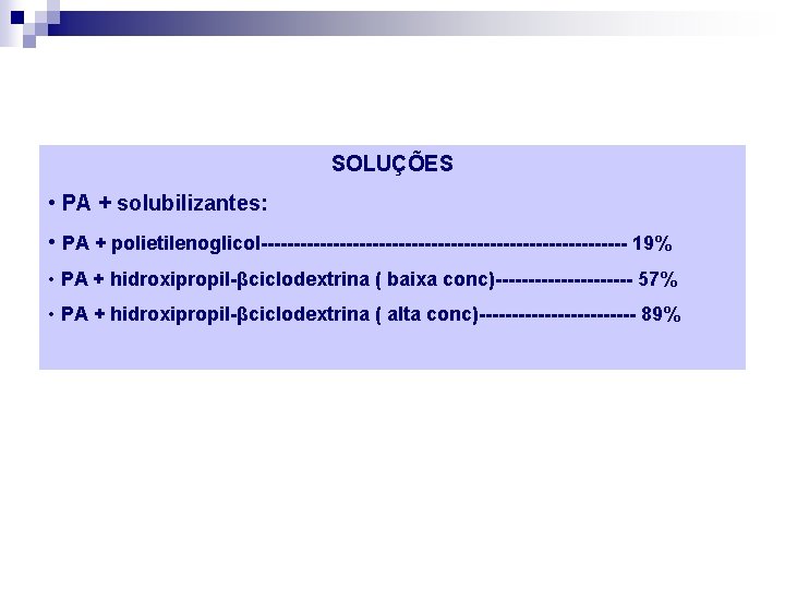 SOLUÇÕES • PA + solubilizantes: • PA + polietilenoglicol---------------------------- 19% • PA + hidroxipropil-βciclodextrina