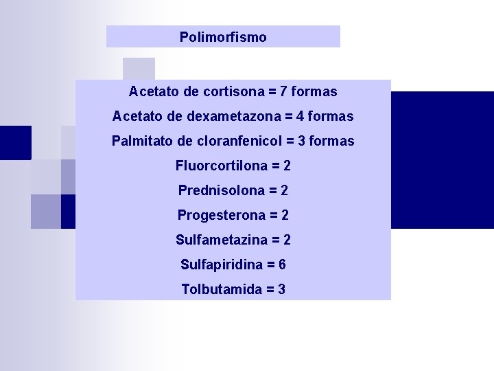 Polimorfismo Acetato de cortisona = 7 formas Acetato de dexametazona = 4 formas Palmitato