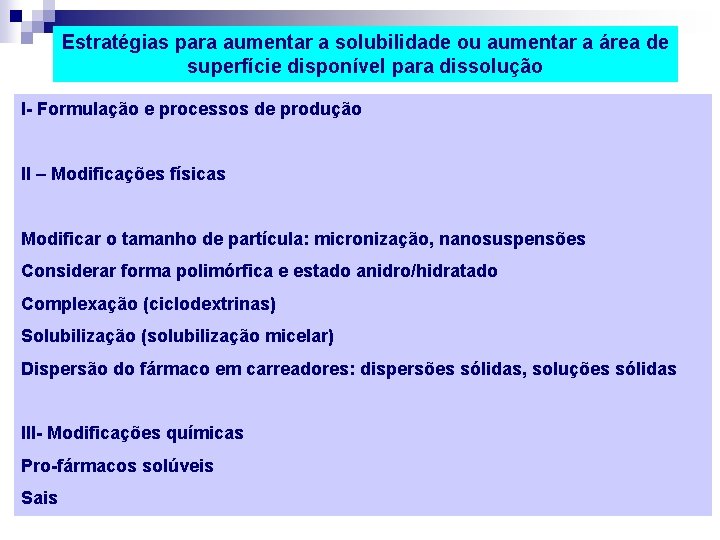 Estratégias para aumentar a solubilidade ou aumentar a área de superfície disponível para dissolução