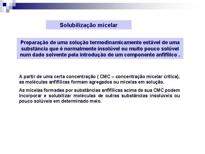 Solubilização micelar Preparação de uma solução termodinamicamente estável de uma substância que é normalmente