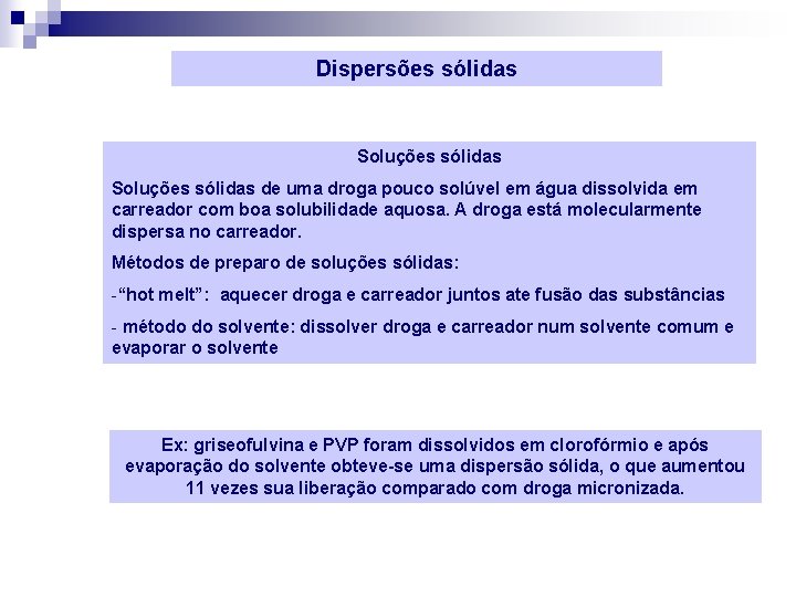 Dispersões sólidas Soluções sólidas de uma droga pouco solúvel em água dissolvida em carreador