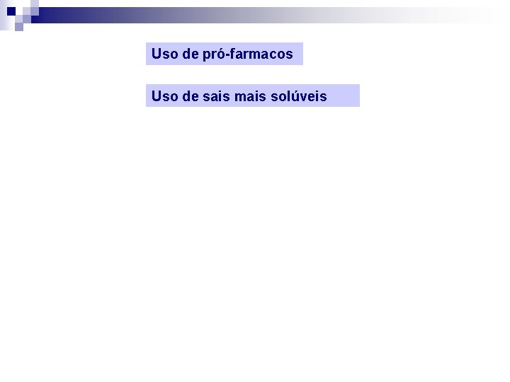 Uso de pró-farmacos Uso de sais mais solúveis 