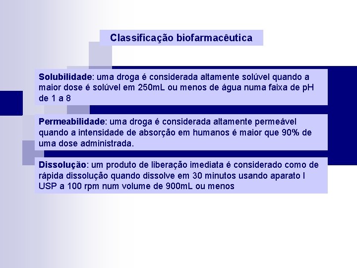 Classificação biofarmacêutica Solubilidade: uma droga é considerada altamente solúvel quando a maior dose é
