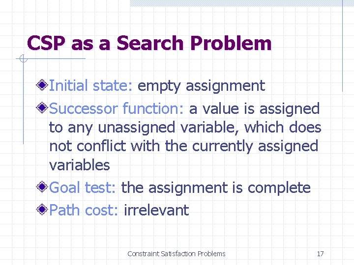 CSP as a Search Problem Initial state: empty assignment Successor function: a value is
