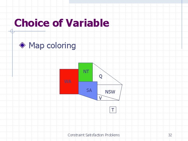 Choice of Variable Map coloring NT WA Q SA NSW V T Constraint Satisfaction